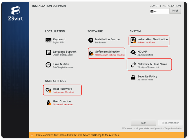 ZSvirt ISO installer Installation Summary screen with keyboard, time zone, software selection, installation destination, network and root password settings